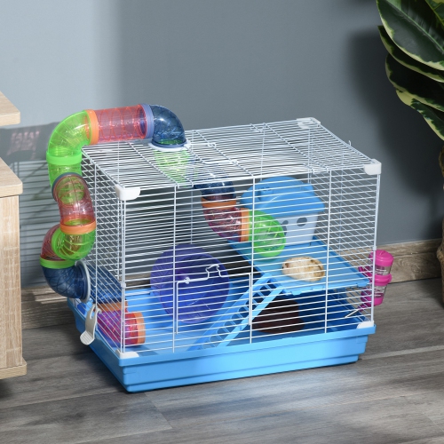 PawHut 18"L Hamster Cage, Small Animal House, 2-Level Rat Gerbil Haven with Tunnel Tube System, Exercise Wheel, Water Bottle, Food Dish, Ramp, Blue