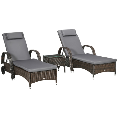 Outsunny 3 Pieces Wicker Patio Lounger Set with Table, PE Rattan Outdoor Lounge Chair Set with Cushions, Wheels, 5-Level Reclining Backrest,