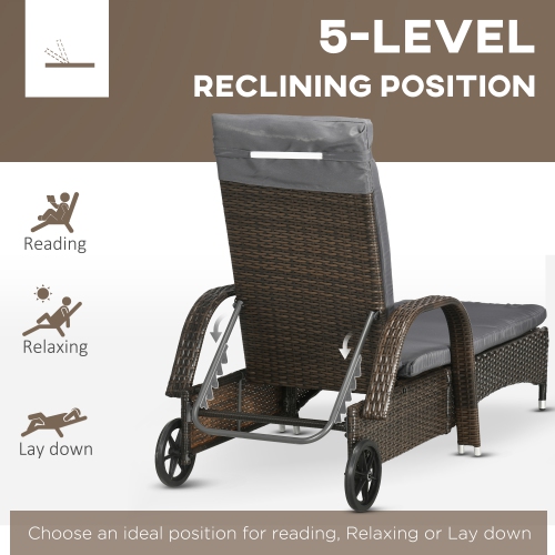 Outsunny 3 Pieces Wicker Patio Lounger Set with Table, PE Rattan Outdoor Lounge Chair Set with Cushions, Wheels, 5-Level Reclining Backrest,