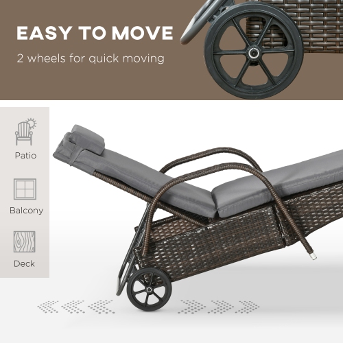 Outsunny 3 Pieces Wicker Patio Lounger Set with Table, PE Rattan Outdoor Lounge Chair Set with Cushions, Wheels, 5-Level Reclining Backrest,