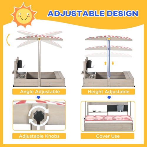 Outsunny Kids Sandbox with Cover, Wooden Sand Box with Height Adjustable Canopy, Kitchen Playset Toys, Seat, Storage, Outdoor Sand Play for 3-7 Years