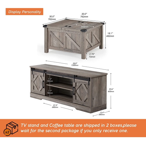 WAMPAT Living Room Table Set of 2,1 Sliding Barn Door TV Stand and 1 Square Wood Coffee Table with Gas Struts Flip-Top for Extra Large Hidden