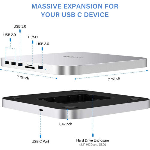 USB-C Hub with Hard Drive Enclosure for Mac Mini M1, Type C Docking Station with SATA SSD/HDD Slot, Dual USB 3.0/2.0 Port, TF/SD Card Readers,
