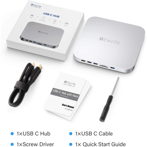 USB-C Hub with Hard Drive Enclosure for Mac Mini M1, Type C Docking Station with SATA SSD/HDD Slot, Dual USB 3.0/2.0 Port, TF/SD Card Readers,