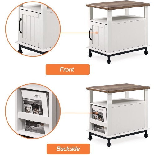 WAMPAT Set of 2 Farmhouse End Tables with Blue Led Lights,Premium Wood Accent End Side Table with Open Storage for Living Room and Bedroom, Metal