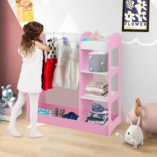 Gymax Kids Dress up Storage Hanging Armoire Dresser Costume Closet w/ Mirror Shelves