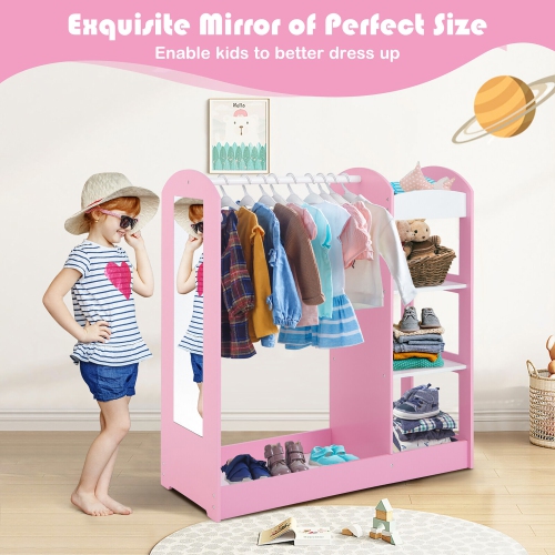 Gymax Kids Dress up Storage Hanging Armoire Dresser Costume Closet w/ Mirror Shelves