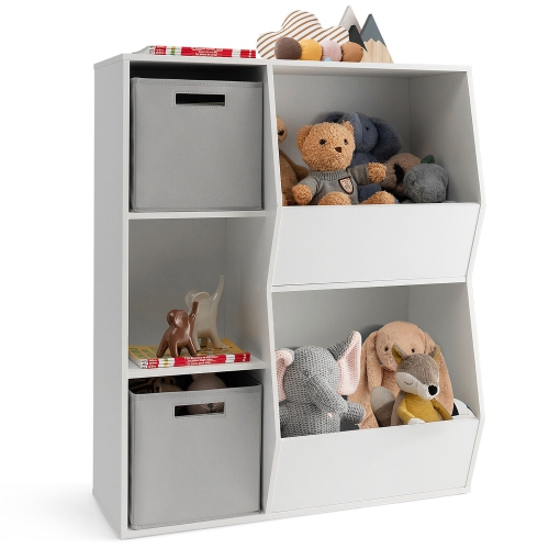 Organisateur de rangement pour jouets d'enfants GYMAX, bibliothèque en bois  à 5 compartiments, armoire avec tiroirs