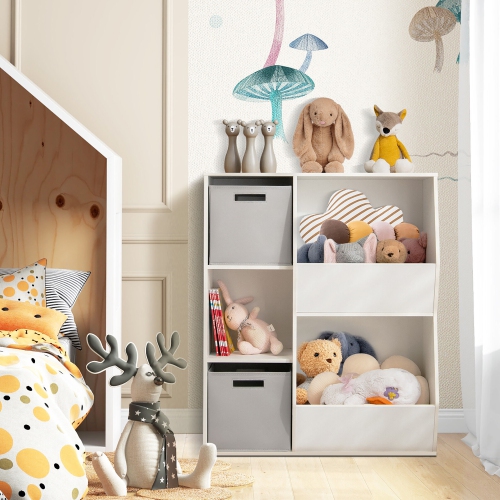 Organisateur de rangement pour jouets d’enfants GYMAX, bibliothèque en bois à 5 compartiments, armoire avec tiroirs