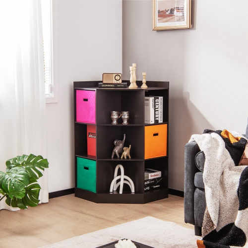 Gymax 3-Tier Kids Storage Shelf Cubes w/3 Baskets Corner Cabinet Organizer Brown