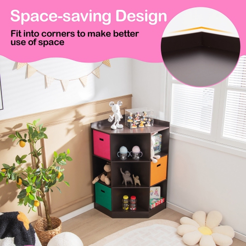 Gymax 3-Tier Kids Storage Shelf Cubes w/3 Baskets Corner Cabinet Organizer Brown