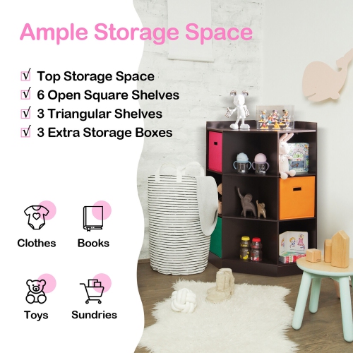 Gymax 3-Tier Kids Storage Shelf Cubes w/3 Baskets Corner Cabinet Organizer Brown
