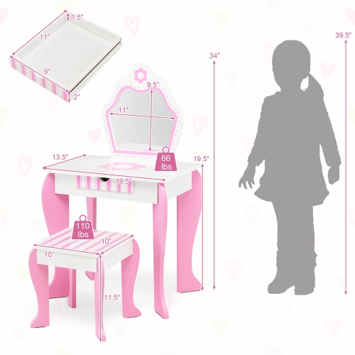 Gymax Kid Vanity Set Wooden Makeup Table Stool w/ Mirror Flower Print Pink & White
