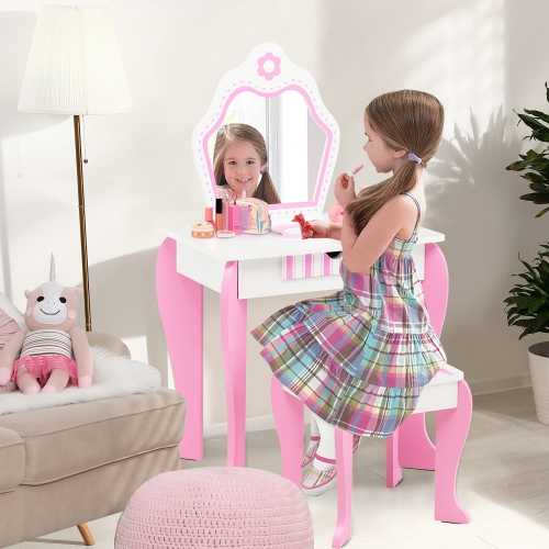 Gymax Kid Vanity Set Wooden Makeup Table Stool w/ Mirror Flower Print Pink & White