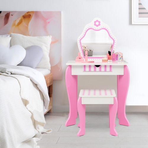 Gymax Kid Vanity Set Wooden Makeup Table Stool w/ Mirror Flower Print Pink & White