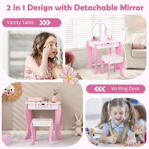 Gymax Kid Vanity Set Wooden Makeup Table Stool w/ Mirror Flower Print Pink & White