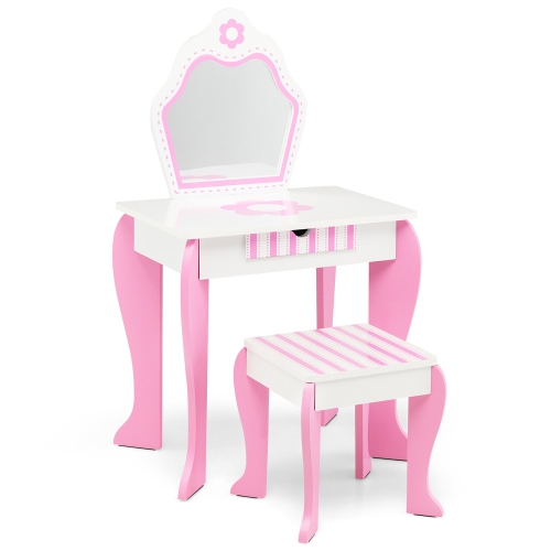 Gymax Kid Vanity Set Wooden Makeup Table Stool w/ Mirror Flower Print Pink & White