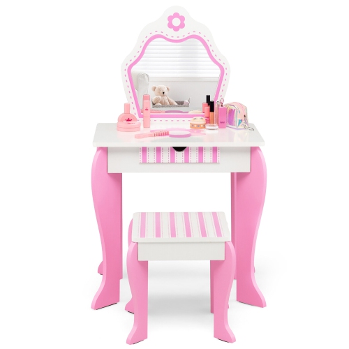 Gymax Kid Vanity Set Wooden Makeup Table Stool w/ Mirror Flower Print Pink & White