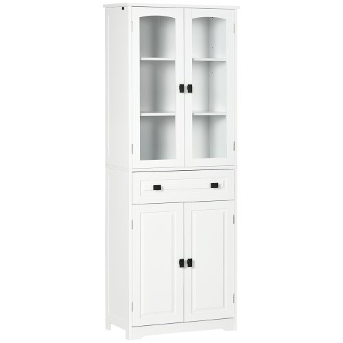 HOMCOM  63" Kitchen Pantry Cabinet, Freestanding Kitchen Pantry Storage Cabinet With Glass Doors, Drawer And Adjustable Shelves In White