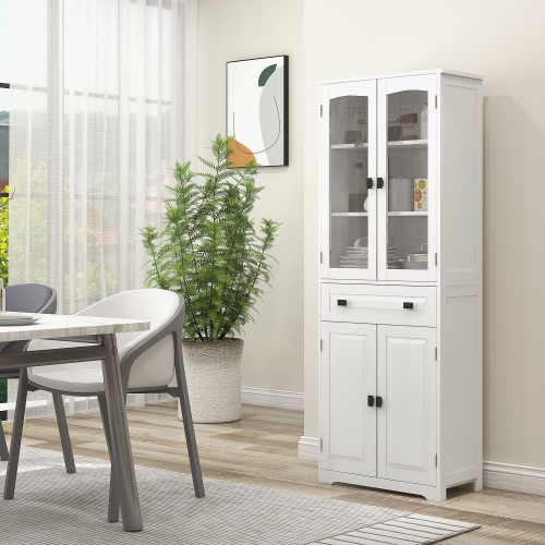 HOMCOM – Armoire garde-manger de cuisine de 63 po, armoire de rangement autonome avec portes en verre, tiroir et tablettes réglables, blanc