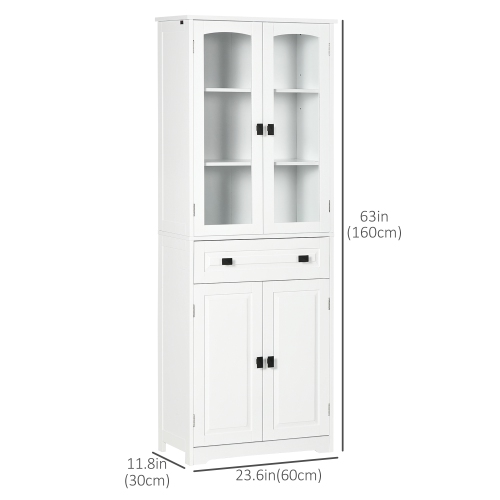 HOMCOM – Armoire garde-manger de cuisine de 63 po, armoire de rangement autonome avec portes en verre, tiroir et tablettes réglables, blanc