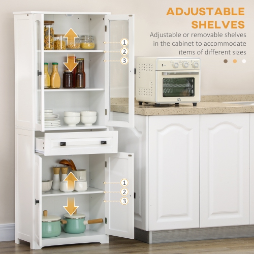 HOMCOM – Armoire garde-manger de cuisine de 63 po, armoire de rangement autonome avec portes en verre, tiroir et tablettes réglables, blanc