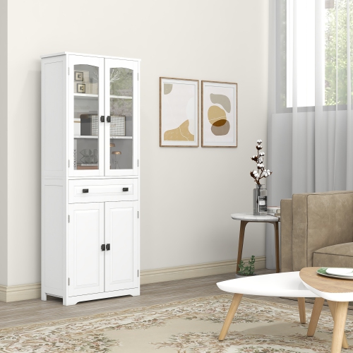HOMCOM – Armoire garde-manger de cuisine de 63 po, armoire de rangement autonome avec portes en verre, tiroir et tablettes réglables, blanc