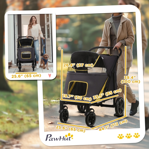 PawHut Pet Stroller, One-Click Foldable Dog Stroller with Universal Front Wheels, Shock Absorber, Dog Cat Carriage with Brakes, Safety Leash for