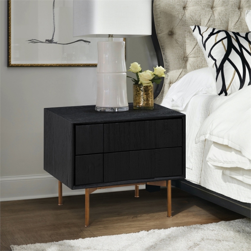 Armen Living Carnaby 2 Drawer Wood Nightstand in Black Brushed Oak and Bronze