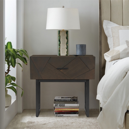 Armen Living Marquis 1 Drawer Oak Wood Nighstand with Black Metal Legs in Gray