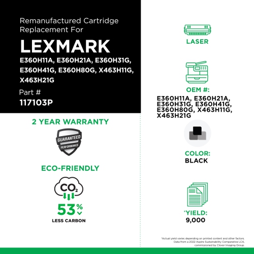 Clover Imaging Group Remanufactured Black Toner Cartridge for Lexmark E360/E460/E462/X463/X464/X466 --Refurbished Excellent