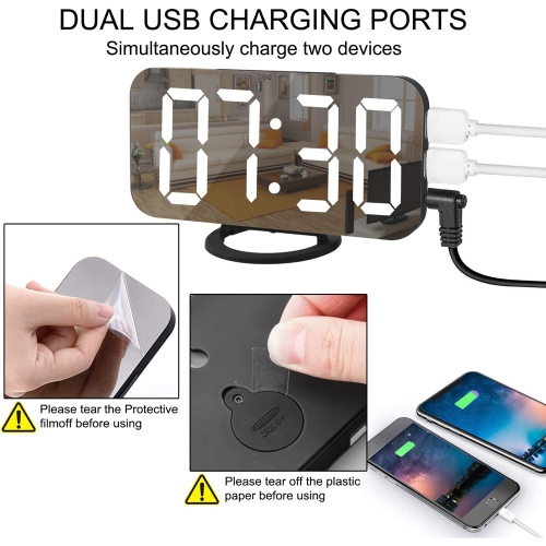 axGear Digital Mirror Alarm Clock Large LED Display with Dual USB Charger Ports For Home - Black