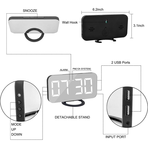 axGear Digital Mirror Alarm Clock Large LED Display with Dual USB Charger Ports For Home - Black