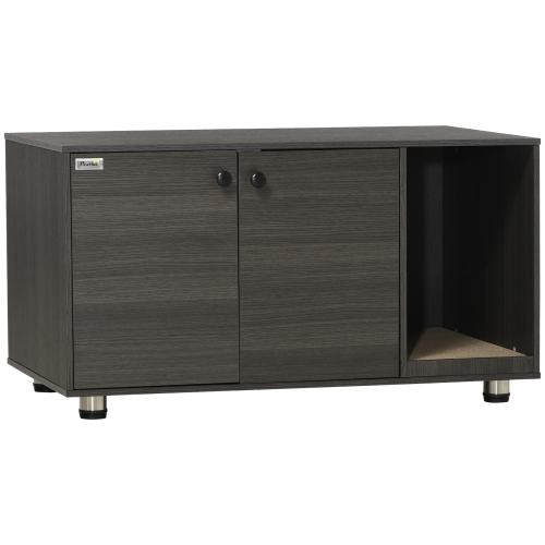 PawHut Cat Litter Box Enclosure, Industrial Hidden Cat Washroom Furniture, End Table with Double Doors and Scratching Pad for Living Room, Bedroom,