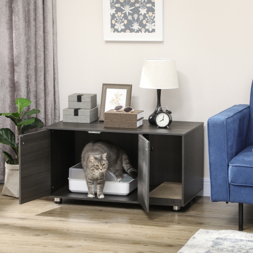 PawHut Cat Litter Box Enclosure, Industrial Hidden Cat Washroom Furniture, End Table with Double Doors and Scratching Pad for Living Room, Bedroom,