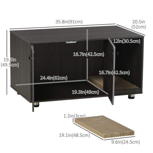 PawHut Cat Litter Box Enclosure, Industrial Hidden Cat Washroom Furniture, End Table with Double Doors and Scratching Pad for Living Room, Bedroom,