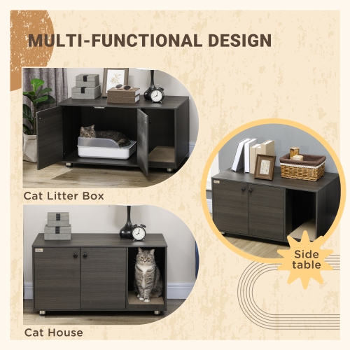 PawHut Cat Litter Box Enclosure, Industrial Hidden Cat Washroom Furniture, End Table with Double Doors and Scratching Pad for Living Room, Bedroom,