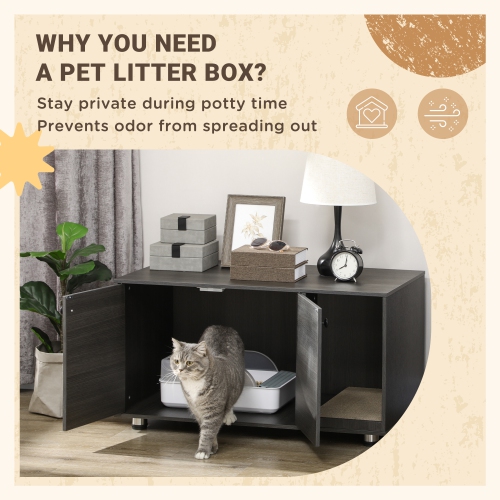 PawHut Cat Litter Box Enclosure, Industrial Hidden Cat Washroom Furniture, End Table with Double Doors and Scratching Pad for Living Room, Bedroom,