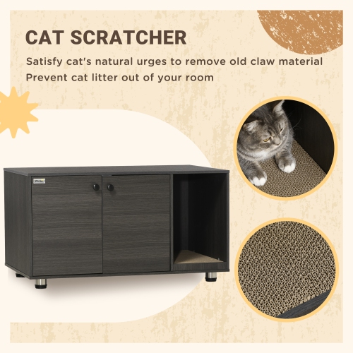 PawHut Cat Litter Box Enclosure, Industrial Hidden Cat Washroom Furniture, End Table with Double Doors and Scratching Pad for Living Room, Bedroom,