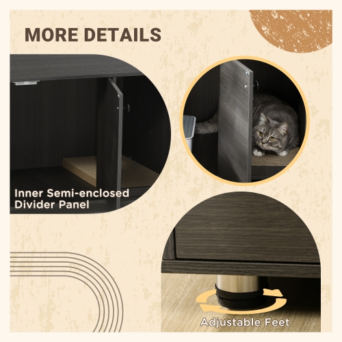PawHut Cat Litter Box Enclosure, Industrial Hidden Cat Washroom Furniture, End Table with Double Doors and Scratching Pad for Living Room, Bedroom,