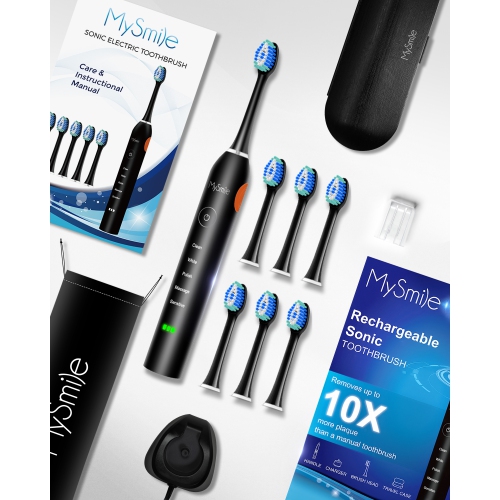 MySmile Electric Toothbrush for Adults, Rechargeable Sonic Electronic Toothbrush with 6 Bbrush Heads and Travel Case, 2 Mins 5 Modes Smart Timer,