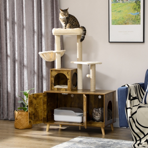 PawHut Litter Box Enclosure with Cat Tree Tower, Hidden Cat Washroom Furniture with Condo, Scratching Posts, Large Platform, Hammock and Soft