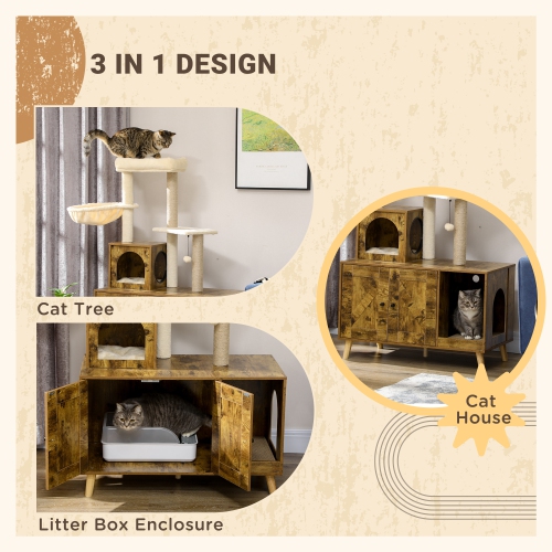 PawHut Litter Box Enclosure with Cat Tree Tower, Hidden Cat Washroom Furniture with Condo, Scratching Posts, Large Platform, Hammock and Soft