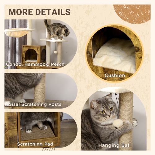PawHut Litter Box Enclosure with Cat Tree Tower, Hidden Cat Washroom Furniture with Condo, Scratching Posts, Large Platform, Hammock and Soft
