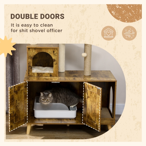PawHut Litter Box Enclosure with Cat Tree Tower, Hidden Cat Washroom Furniture with Condo, Scratching Posts, Large Platform, Hammock and Soft