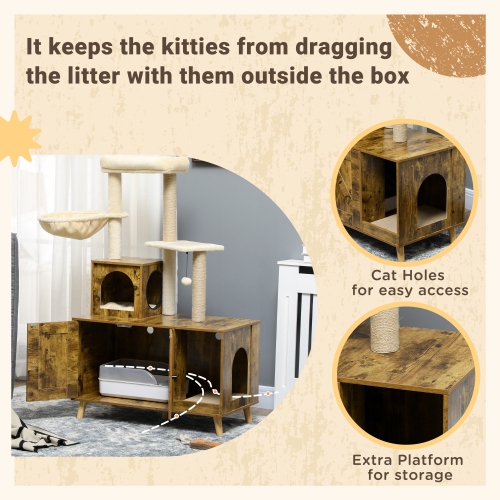 PawHut Litter Box Enclosure with Cat Tree Tower, Hidden Cat Washroom Furniture with Condo, Scratching Posts, Large Platform, Hammock and Soft
