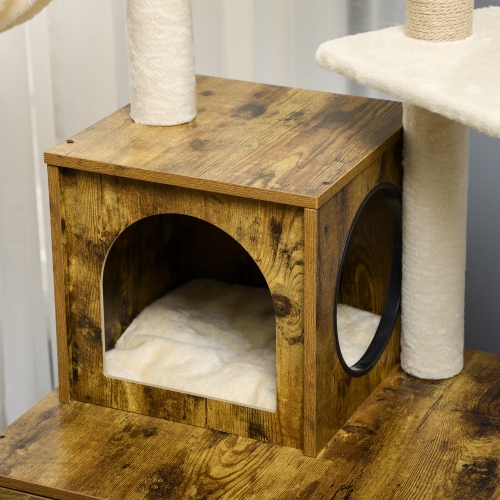 PawHut Litter Box Enclosure with Cat Tree Tower, Hidden Cat Washroom Furniture with Condo, Scratching Posts, Large Platform, Hammock and Soft
