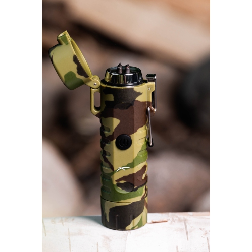 Survival USB Rechargeable Plasma Arc Lighter Waterproof LED Flashlight Electric Windproof Outdoor Camping Hiking Compact Wearable Lithium-Ion Battery