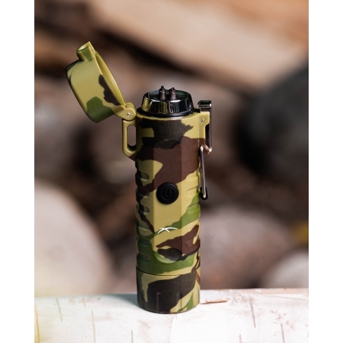 Survival USB Rechargeable Plasma Arc Lighter Waterproof LED Flashlight Electric Windproof Outdoor Camping Hiking Compact Wearable Lithium-Ion Battery