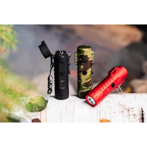 Survival USB Rechargeable Plasma Arc Lighter Waterproof LED Flashlight Electric Windproof Outdoor Camping Hiking Compact Wearable Lithium-Ion Battery